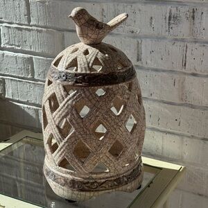 VERY NICE~CERAMIC BIRDCAGE~
CANDLEHOLDER~CUTE BIRD ON TOP~CERAMIC~CREAM~GRAY~BR